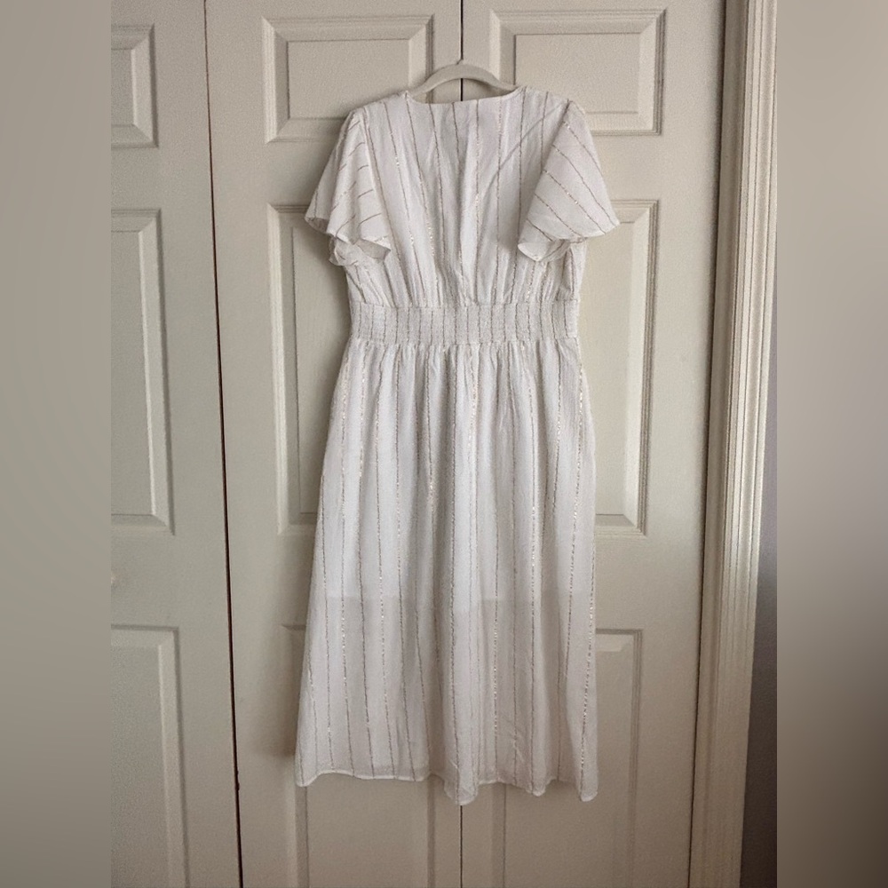LOFT Cream Smocked Wrap Midi Dress Size Large - Picture 4 of 4